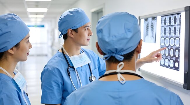 Doctors examining medical brain scans in hospital hallway