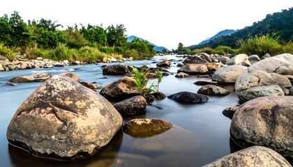 Rocky river flows through lush greenery, time-lapse water, sunny day, with distant hills and blue sky backdrop