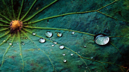 Intricate closeup of a textured green lotus leaf, covered in glistening water droplets, with a prominent central vein structure and a soft focus.