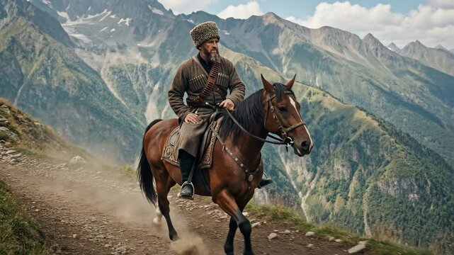 Chechen man in traditional attire riding a horse through scenic Caucasus mountains