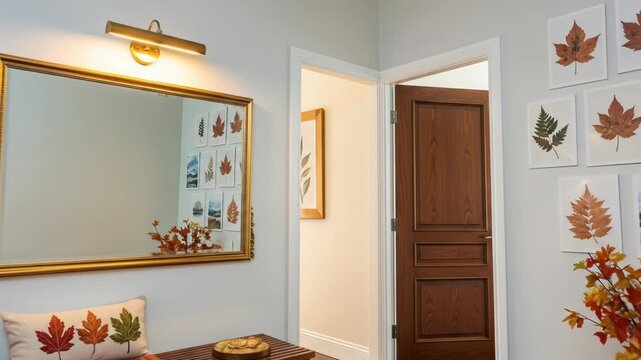A cozy entryway with autumnal decor, featuring a mirror, bench, and leaf-adorned walls