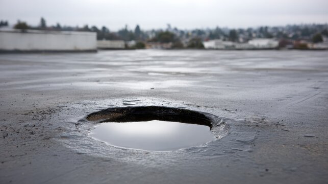 Flat Roof Section With Puddle of Standing Water Reflecting Grey Sky Above in Urban Area During Cloudy Day