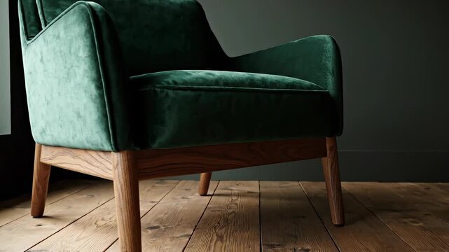Stylish green velvet armchair in modern interior. Elegant design enhances comfort and sophistication. Natural wood flooring complements contemporary decor.