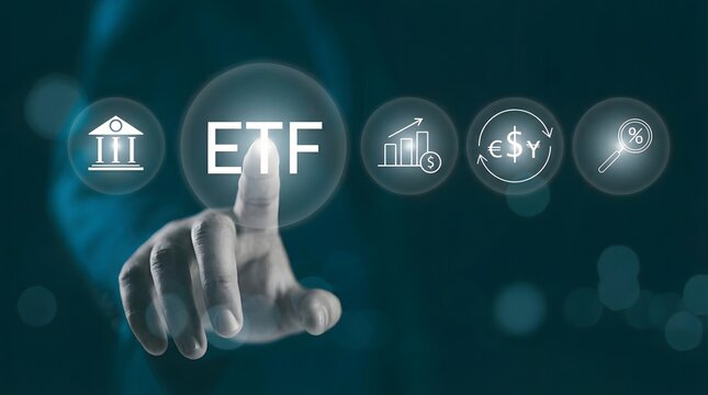Hand selecting ETF investment icon on digital finance interface with real estate, stocks, currency, and crypto symbols in futuristic blue glow