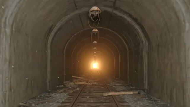 Dimly lit tunnel with high arched ceiling illuminated by a single hanging light casting shadows on the stone walls and floor