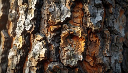 Sunlit, rugged tree bark with deep textures, showcasing intricate patterns of brown and gray tones in nature's artistry