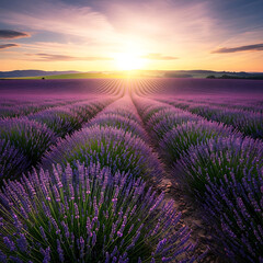 Obraz premium Enchanting lavender fields bloom under a breathtaking golden sunset, casting a vibrant purple glow across the serene summer landscape