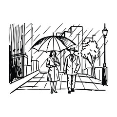 Couple umbrella rain street silhouette