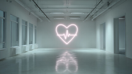 Glowing Heartbeat Neon Sign in Minimalist White Room with Reflective Floor and Linear Lighting, Conceptual Digital Art, AI Generated Image