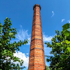 Tall red brick smokestack rising into a blue sky framed by leafy trees on either side