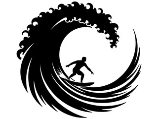 Obraz premium Ein Surfer fährt durch eine geschlossene Wellenröhre. Dynamisches Küstenmotiv mit runder Gesamtkomposition.KI Generiert