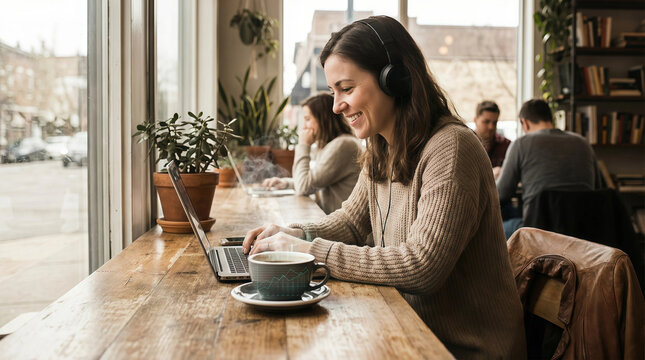 A focused woman wearing headphones works on a laptop at a sunlit cafe counter, sipping coffee, surrounded by plants and other customers, creating a productive remote work vibe
