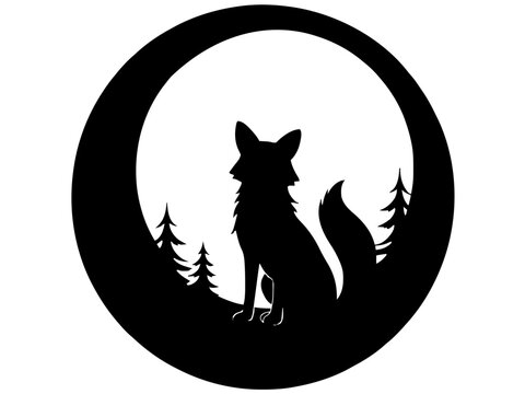 Ein sitzender Fuchs eingerahmt von einer runden Mondform. Ruhiges, elegantes Naturmotiv.KI Generiert
