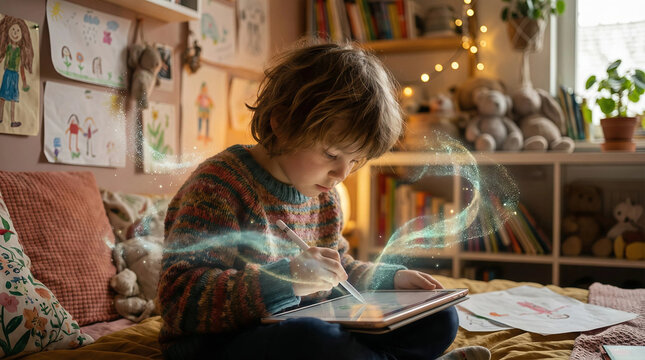 Young child reading on a tablet in a cozy bedroom lit by warm fairy lights, surrounded by colorful wall-drawings, soft pillows, bookshelves, and plush toys