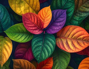 Vibrant, colorful assortment of leaves create a textured, patterned close-up. Dark shadowed backdrop, autumnal feel