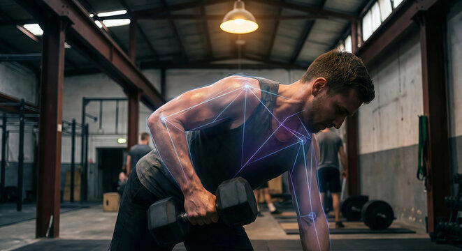 Male athlete performing bent-over dumbbell row in a modern gym while a digital body map visualization highlights muscles, movement, and biomechanics during strength training
