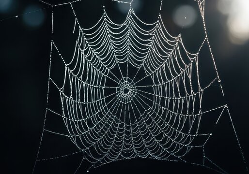 An intricate orb weaver spiderweb covered in tiny dew droplets glistening sharply in the bright morning sunlight against a dark background, silk, macro, trap