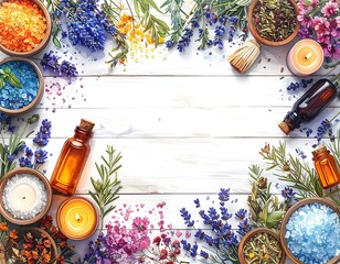 Still-life of colorful natural elements arranged around bright wooden surface, creating a calm, inviting, serene scene