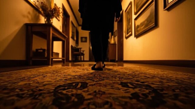 Low-Angle View of Person Walking Down Long Hallway with Ornate Rug and Paintings, warm color grading