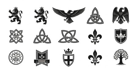 Collection of heraldic symbols and emblems in black and white. © Nifi