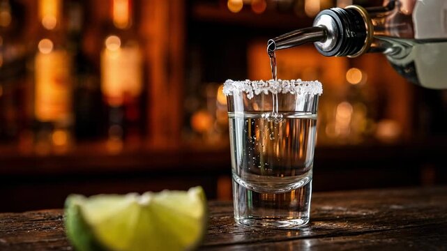 Clear tequila pouring into a salt-rimmed shot glass with a fresh lime wedge on a rustic wooden bar, high-quality close-up.