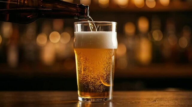 Golden lager beer pouring from a bottle into a glass with thick foam head, blurry bar background, cold refreshment.