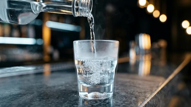 Ice-cold vodka pouring into a frosted shot glass with rising vapor on a modern bar counter, chilled spirit close-up.