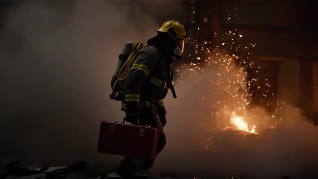 Cinematic sequence of a firefighter in protective gear walking through a burning building. Brave first responder on a rescue mission carrying a case amid smoke and sparks