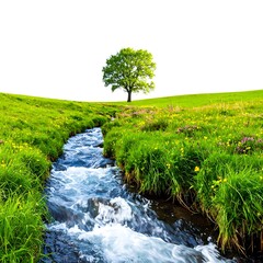 Stream flowing through a green meadow with wildflowers and a tree against a bright white sky