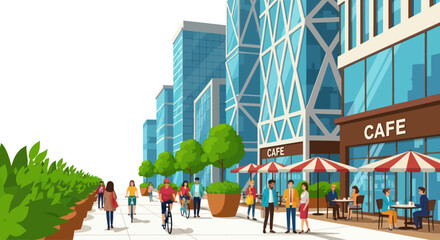 Modern City Street Scene with People, Cafes, and Tall Buildings © Ilma
