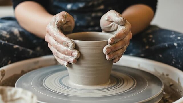Close-up of hands shaping a clay pot on a spinning pottery wheel.