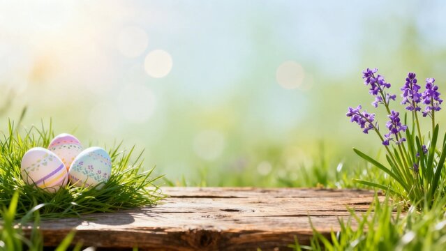 Three painted Easter eggs in fresh spring meadow with green grass, rustic wooden table for product display, sunny sky, floral leaves and copy space, Happy Easter holiday background template