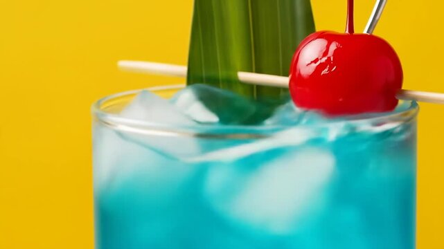A vibrant blue cocktail with ice, garnished with a green leaf and a cherry on a toothpick against a bright yellow background