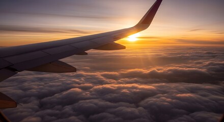 Fototapeta premium Airplane wing view from window at sunset above the clouds, travel and aviation concept
