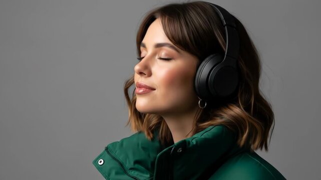 A woman with shut eyes and headphones on wearing a green jacket