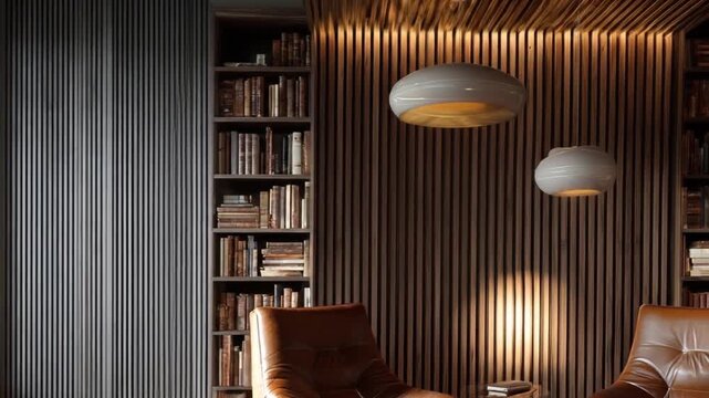 Modern reading room interior with bookshelves and pendant lighting