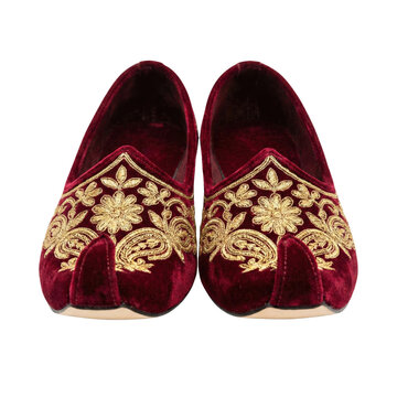 Traditional maroon velvet mojari shoes with gold embroidery