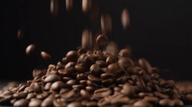 coffee beans raining down, dark minimal background