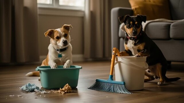 Two dogs playing with buckets and mops in a cozy living room during a fun video