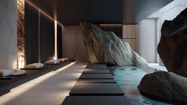 Modern luxury spa interior with indoor rock pool and minimalist relaxation lounge in warm ambient lighting