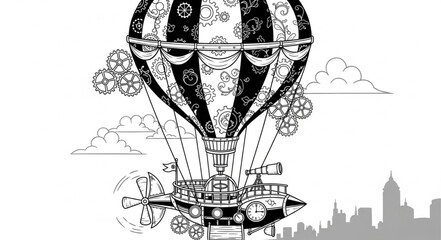 Intricate Steampunk Airship Ascending Above a Detailed Cityscape, Black and White Illustration. © prastyo