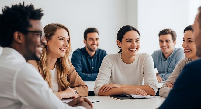 Group of diverse business people seated around a table, smiling and engaged in a discussion during a meeting