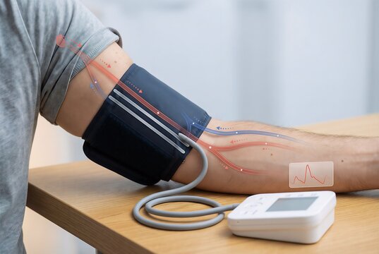 Blood pressure cuff on arm with futuristic vermillion cardiovascular flow mapping overlay showing arterial pathways, revelatory composite for cardiology visuals.