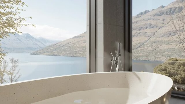 Luxury freestanding bathtub in modern bathroom with panoramic mountain lake view and soft natural light
