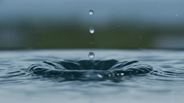 Close up of water droplets creating ripples and splashes as they impact a still surface The dynamic movement captures the essence of fluid motion and nature s energy