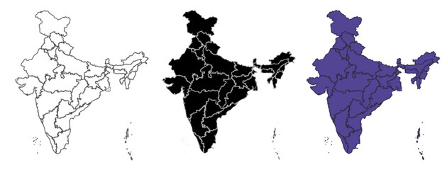 Set of vector maps of India with prefecture boundaries in three styles. © Serhii Bielik