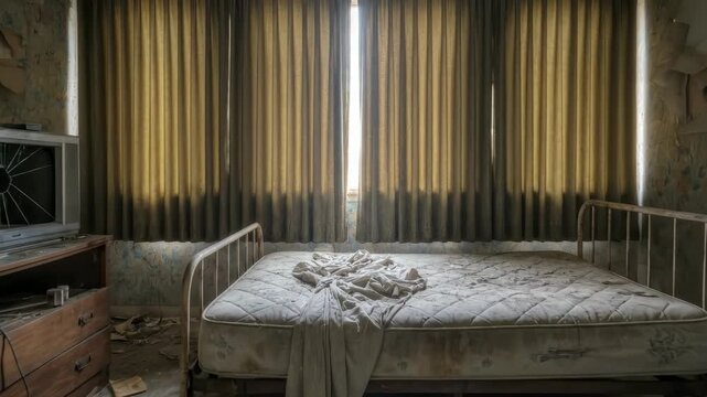 A dimly lit bedroom featuring a bed with white sheets and a headboard a window with curtains and a nightstand with decorative items creating a cozy ambiance