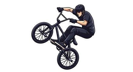 Naklejka premium Graphic of a person in dark attire balancing a BMX bike on one wheel, executing a trick