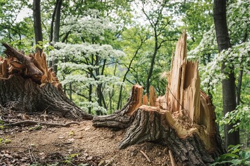 Fototapeta premium Close Up of a Jagged Broken Tree Stump in a Green Forest for Environmental Damage Insurance Claims and Forestry Management Marketing Concepts