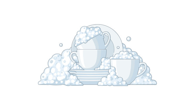 A stack of white ceramic plates and coffee cups heavily covered in thick foamy white and light blue soap suds with bubbles.
